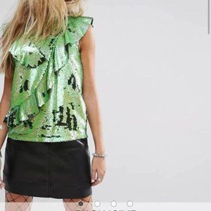 Mad But magic Top Sz S Sequin High Mock Neck in LimeLight Green Ruffle detail